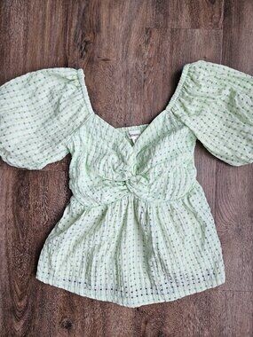 blue green plaid & Merci summer puff sleeve blouse top peplum women's size small